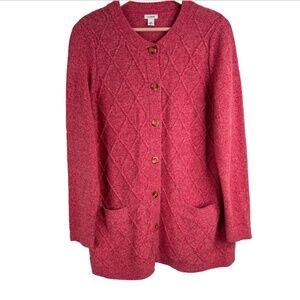 LL Bean Cable Knit Cardigan Sweater XL Pink Button Up Granny Fisherman Cottage